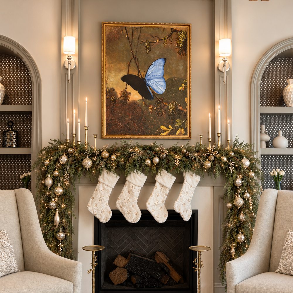 A fireplace mantel dressed with garland, silver and gold ornaments, and white stockings between arched built-ins